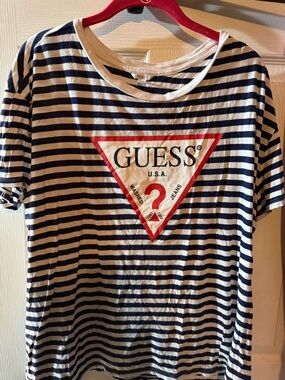 GUESS Navy, White & Red Striped Logo Tee